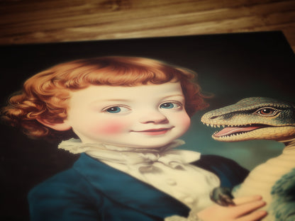 Cute Surreal Dinosaur Pet Portrait Wall Art, Whimsical Kids Room And Nursery Decor, Vintage Quirky Illustration Print