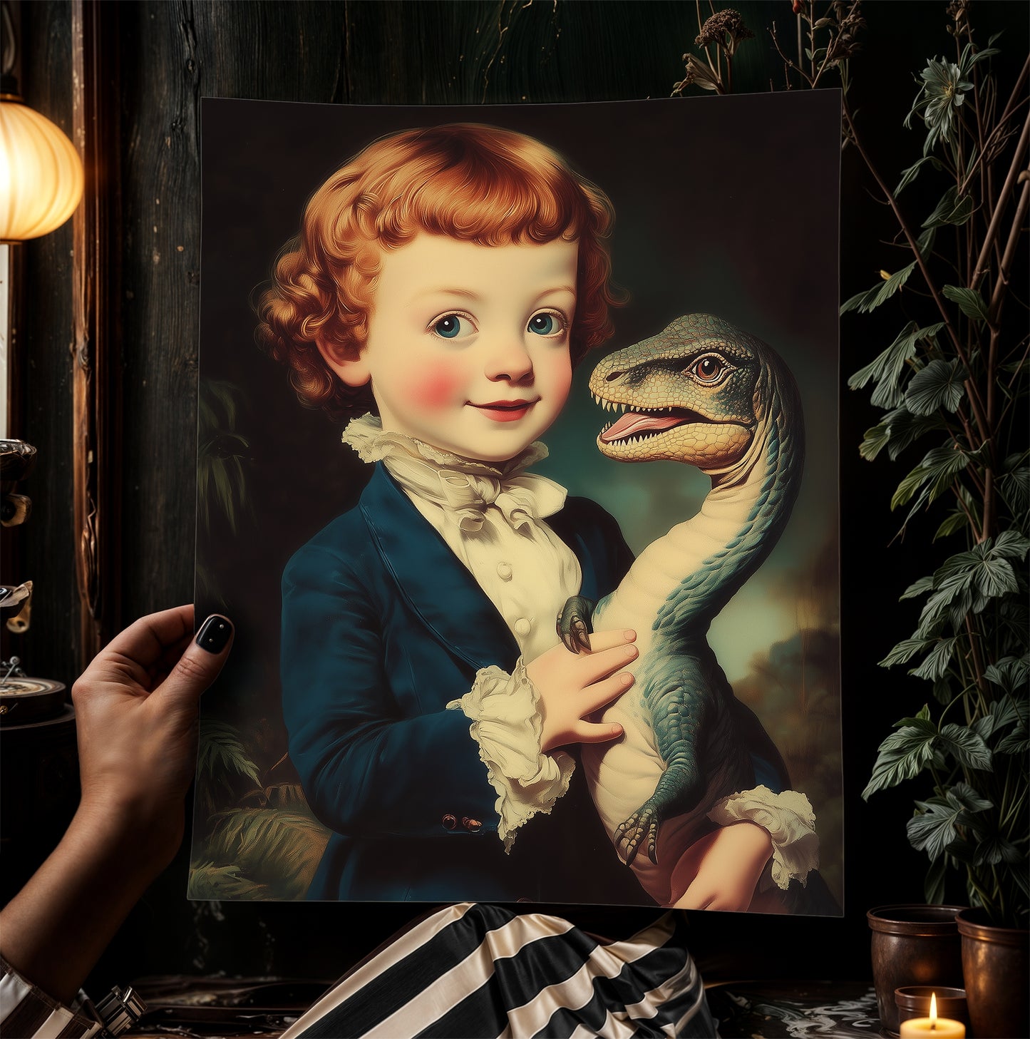 Cute Surreal Dinosaur Pet Portrait Wall Art, Whimsical Kids Room And Nursery Decor, Vintage Quirky Illustration Print