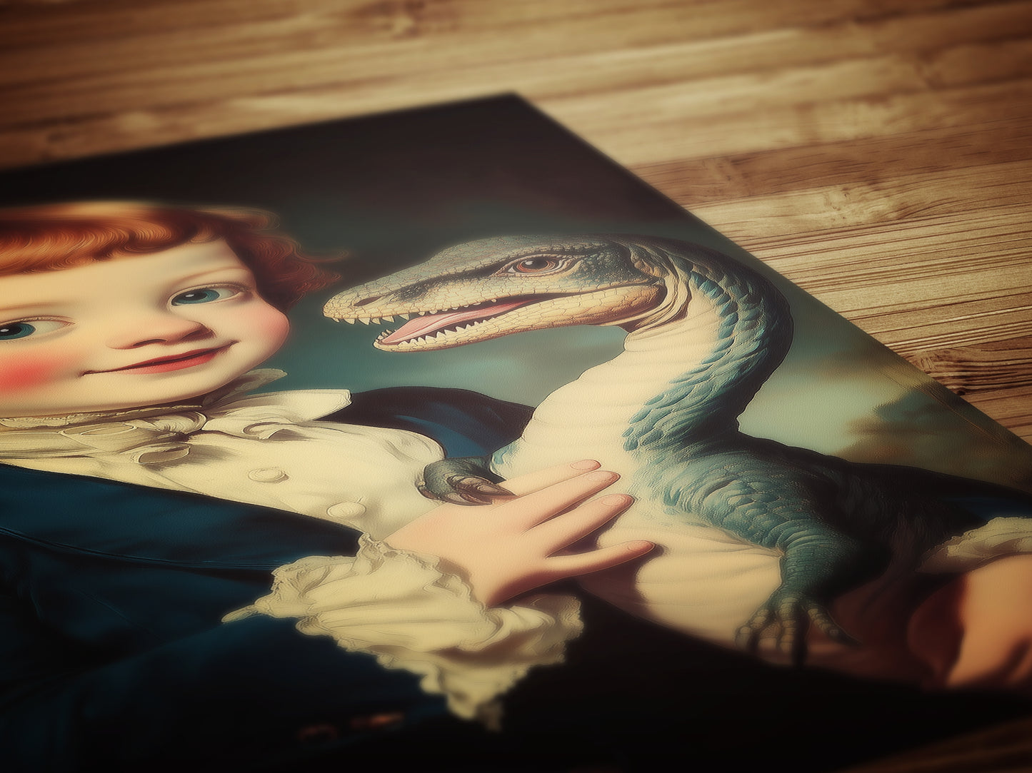 Cute Surreal Dinosaur Pet Portrait Wall Art, Whimsical Kids Room And Nursery Decor, Vintage Quirky Illustration Print