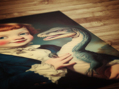 Cute Surreal Dinosaur Pet Portrait Wall Art, Whimsical Kids Room And Nursery Decor, Vintage Quirky Illustration Print