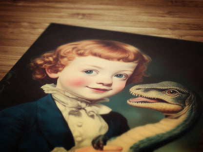 Cute Surreal Dinosaur Pet Portrait Wall Art, Whimsical Kids Room And Nursery Decor, Vintage Quirky Illustration Print