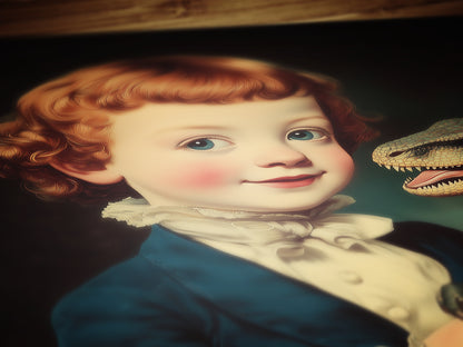 Cute Surreal Dinosaur Pet Portrait Wall Art, Whimsical Kids Room And Nursery Decor, Vintage Quirky Illustration Print