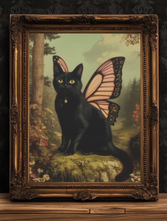 Catterfly, Whimsical Black Cat Fairy Wall Art, Cat Lovers Gift, Vintage Victorian Gothic Poster Prints, Cute Weird items Dark Academia Decor