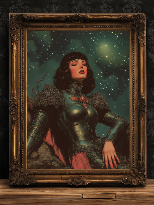 Celestial Lady Knight Art Print, Retro Medieval Goth Fantasy Wall Decor, Dark Gothic Warrior Poster, Cosmic Dreamscape Illustration