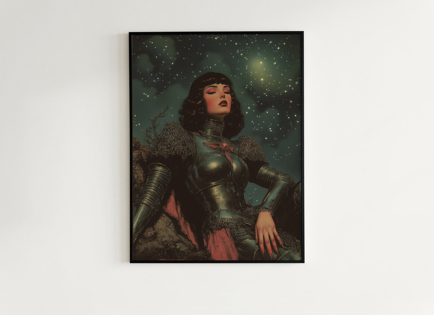 Celestial Lady Knight Art Print, Retro Medieval Goth Fantasy Wall Decor, Dark Gothic Warrior Poster, Cosmic Dreamscape Illustration