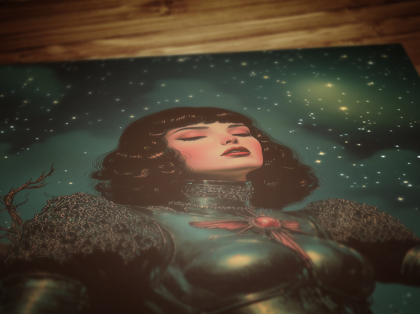 Celestial Lady Knight Art Print, Retro Medieval Goth Fantasy Wall Decor, Dark Gothic Warrior Poster, Cosmic Dreamscape Illustration