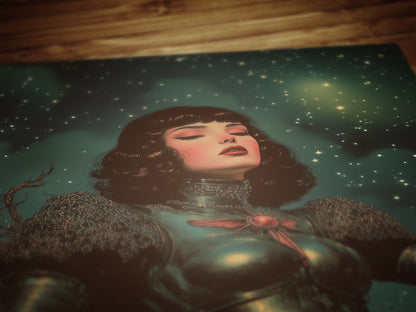 Celestial Lady Knight Art Print, Retro Medieval Goth Fantasy Wall Decor, Dark Gothic Warrior Poster, Cosmic Dreamscape Illustration
