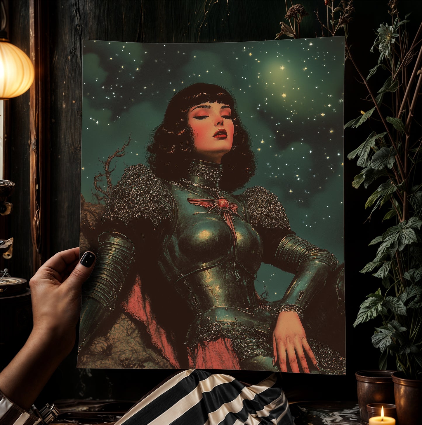 Celestial Lady Knight Art Print, Retro Medieval Goth Fantasy Wall Decor, Dark Gothic Warrior Poster, Cosmic Dreamscape Illustration