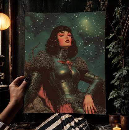 Celestial Lady Knight Art Print, Retro Medieval Goth Fantasy Wall Decor, Dark Gothic Warrior Poster, Cosmic Dreamscape Illustration