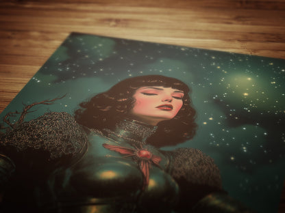 Celestial Lady Knight Art Print, Retro Medieval Goth Fantasy Wall Decor, Dark Gothic Warrior Poster, Cosmic Dreamscape Illustration