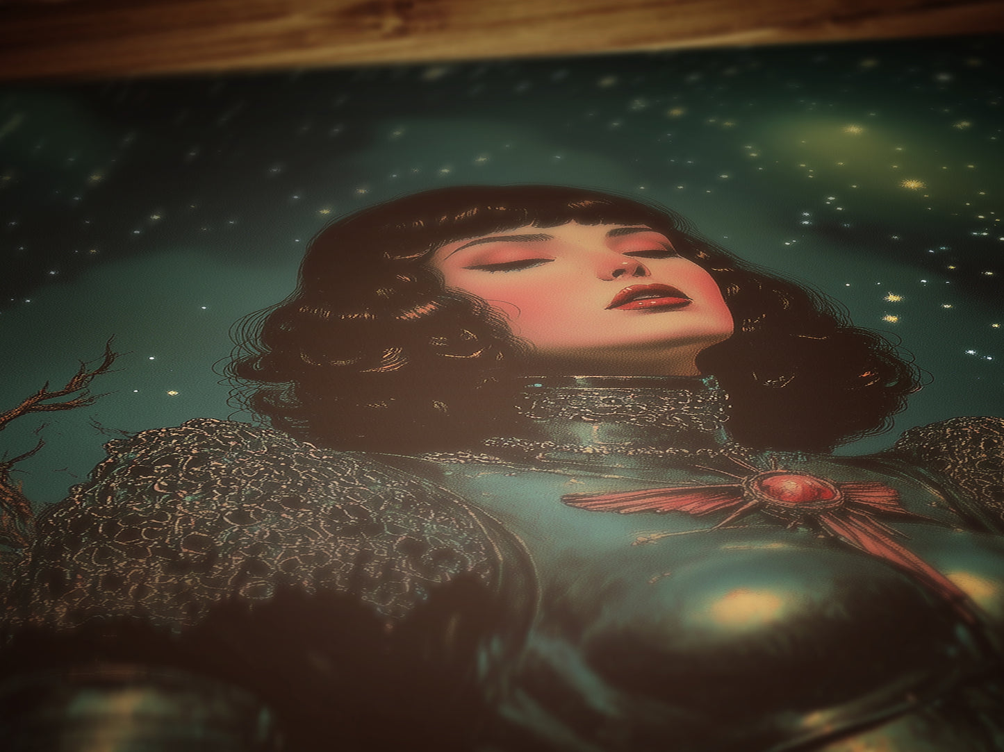 Celestial Lady Knight Art Print, Retro Medieval Goth Fantasy Wall Decor, Dark Gothic Warrior Poster, Cosmic Dreamscape Illustration