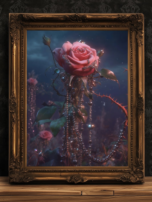 Enchanted Pink Rose Garden Print, Gothic Floral Wall Art, Dark Cottagecore Romantic Poster, Whimsigoth Decor, Dark Academia Home Interiors