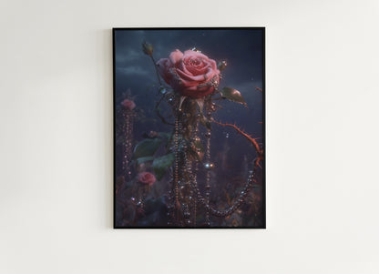 Enchanted Pink Rose Garden Print, Gothic Floral Wall Art, Dark Cottagecore Romantic Poster, Whimsigoth Decor, Dark Academia Home Interiors