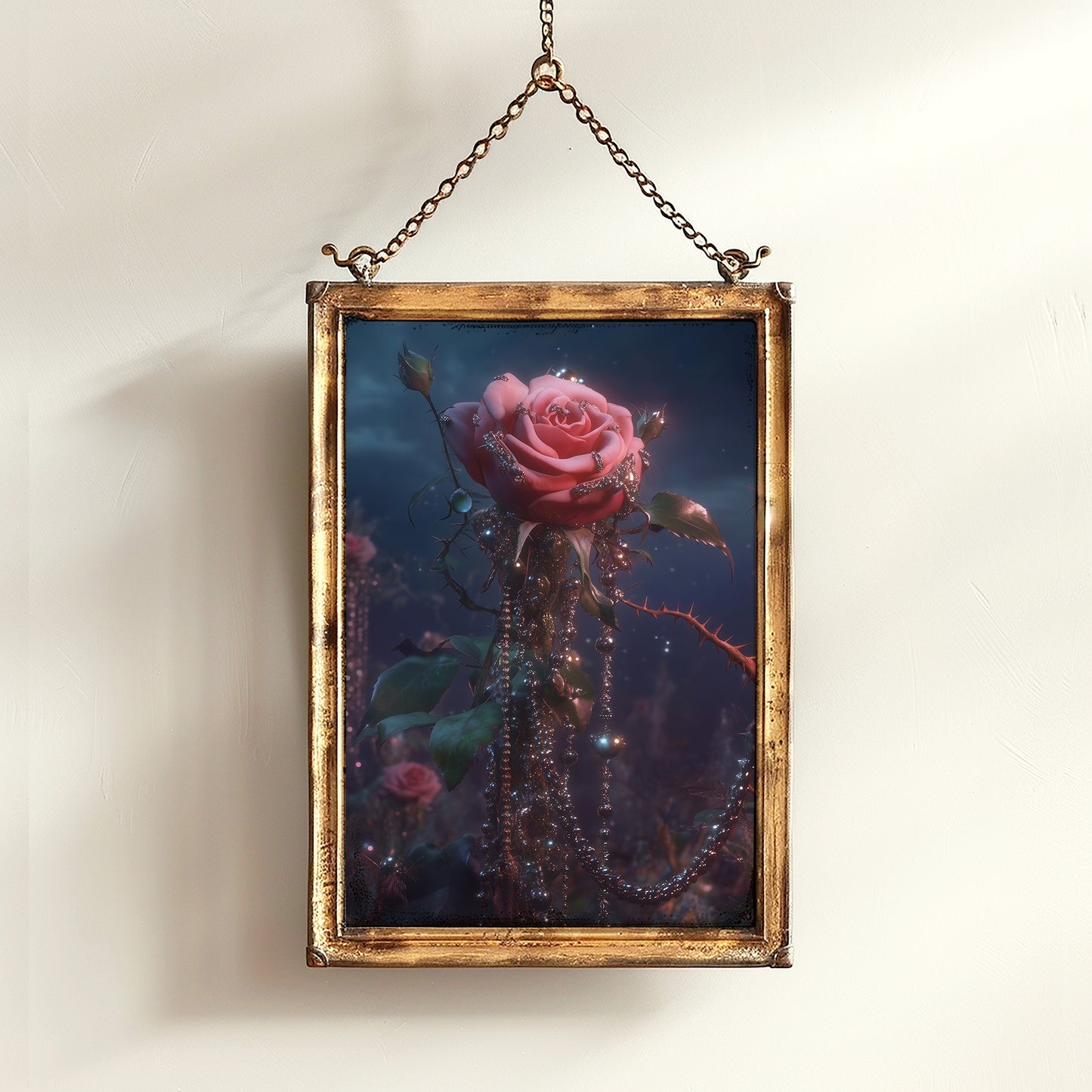 Enchanted Pink Rose Garden Print, Gothic Floral Wall Art, Dark Cottagecore Romantic Poster, Whimsigoth Decor, Dark Academia Home Interiors