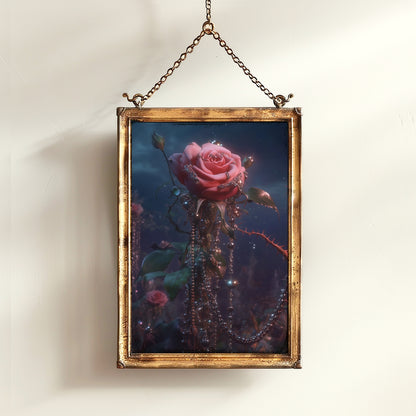 Enchanted Pink Rose Garden Print, Gothic Floral Wall Art, Dark Cottagecore Romantic Poster, Whimsigoth Decor, Dark Academia Home Interiors