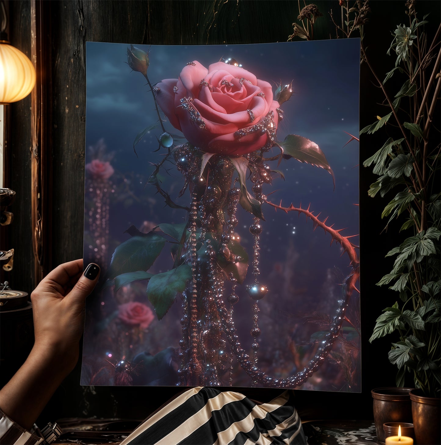 Enchanted Pink Rose Garden Print, Gothic Floral Wall Art, Dark Cottagecore Romantic Poster, Whimsigoth Decor, Dark Academia Home Interiors