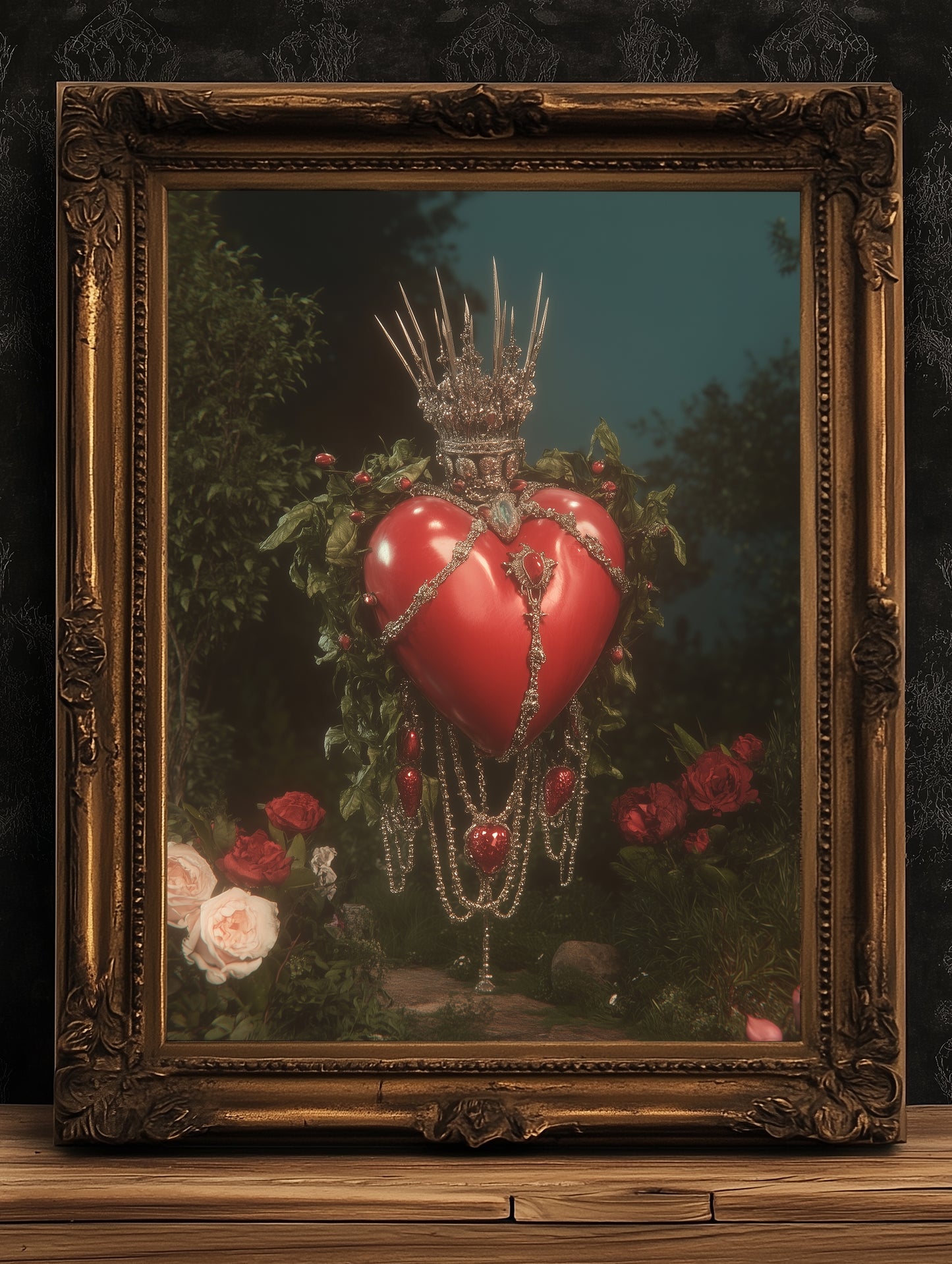 Sacred Heart Surreal Art Print, Crown of Thorns Floating in Cosmic Garden, Whismigoth Decor Poster, Gothic Moody Romantic Wall Hanging