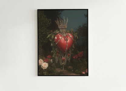 Sacred Heart Surreal Art Print, Crown of Thorns Floating in Cosmic Garden, Whismigoth Decor Poster, Gothic Moody Romantic Wall Hanging