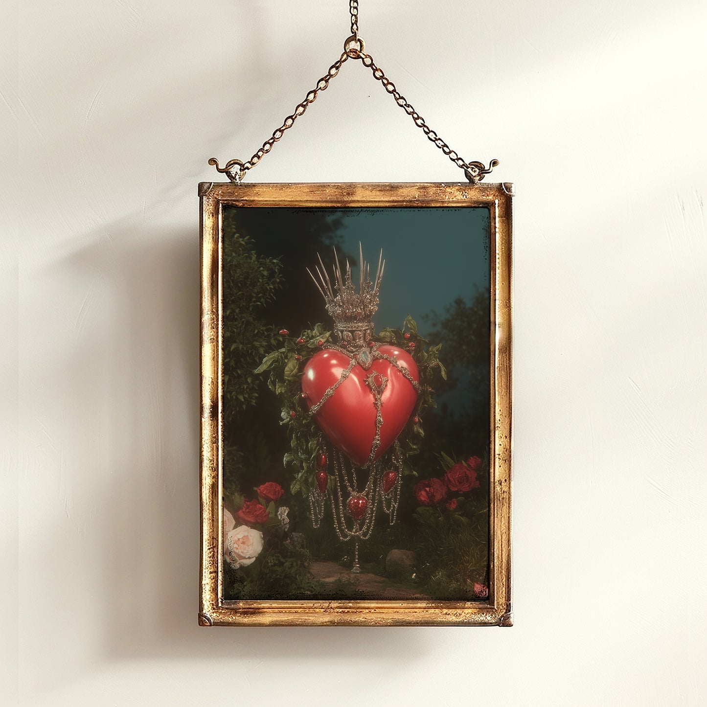 Sacred Heart Surreal Art Print, Crown of Thorns Floating in Cosmic Garden, Whismigoth Decor Poster, Gothic Moody Romantic Wall Hanging