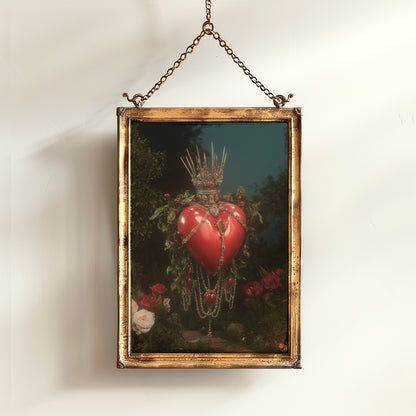 Sacred Heart Surreal Art Print, Crown of Thorns Floating in Cosmic Garden, Whismigoth Decor Poster, Gothic Moody Romantic Wall Hanging