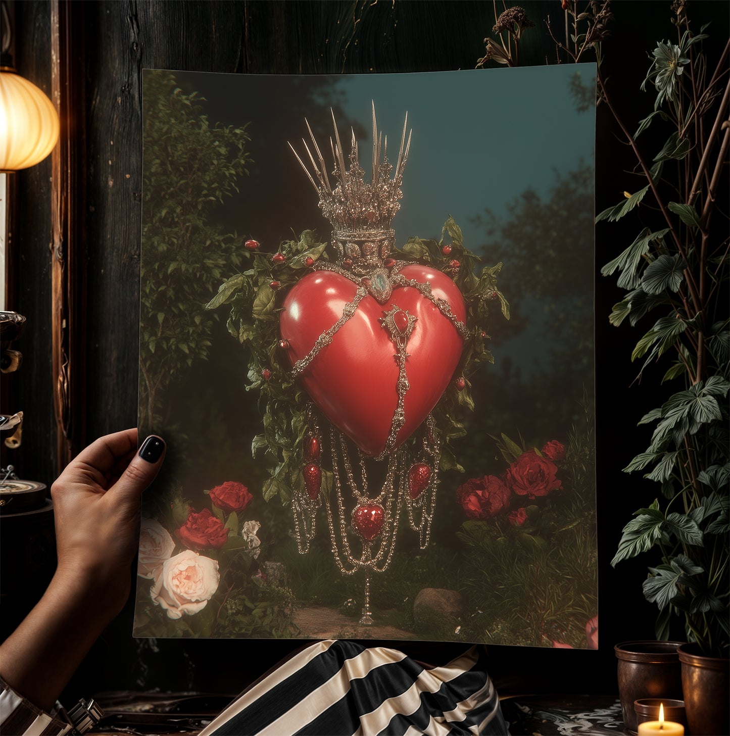 Sacred Heart Surreal Art Print, Crown of Thorns Floating in Cosmic Garden, Whismigoth Decor Poster, Gothic Moody Romantic Wall Hanging