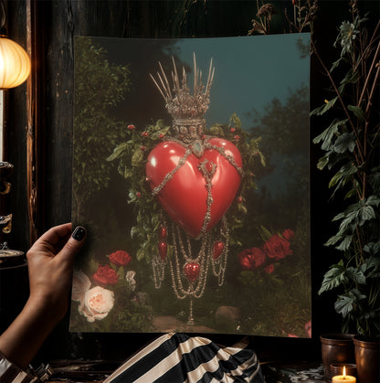 Sacred Heart Surreal Art Print, Crown of Thorns Floating in Cosmic Garden, Whismigoth Decor Poster, Gothic Moody Romantic Wall Hanging