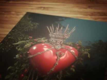 Sacred Heart Surreal Art Print, Crown of Thorns Floating in Cosmic Garden, Whismigoth Decor Poster, Gothic Moody Romantic Wall Hanging