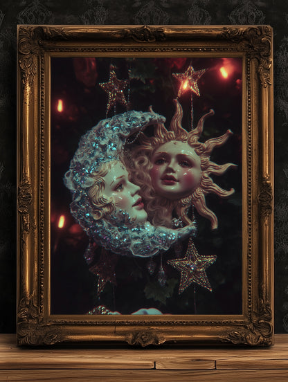 Whimsical Sun & Moon Art Print, Vintage Dreamcore Night Sky Wall Decor, Cottagecore Celestial Poster, Mystical Whimsigoth Decor Artwork