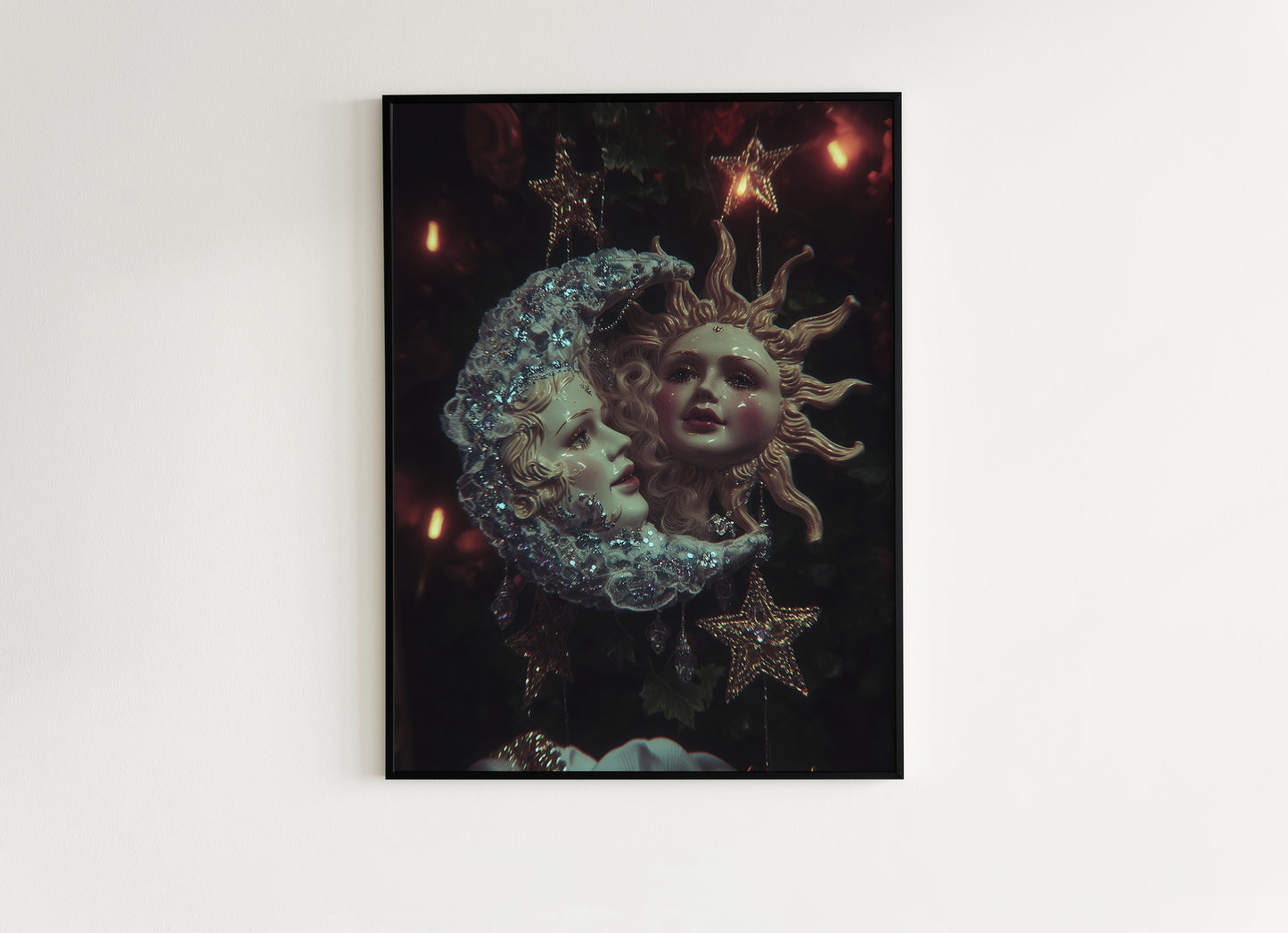 Whimsical Sun & Moon Art Print, Vintage Dreamcore Night Sky Wall Decor, Cottagecore Celestial Poster, Mystical Whimsigoth Decor Artwork