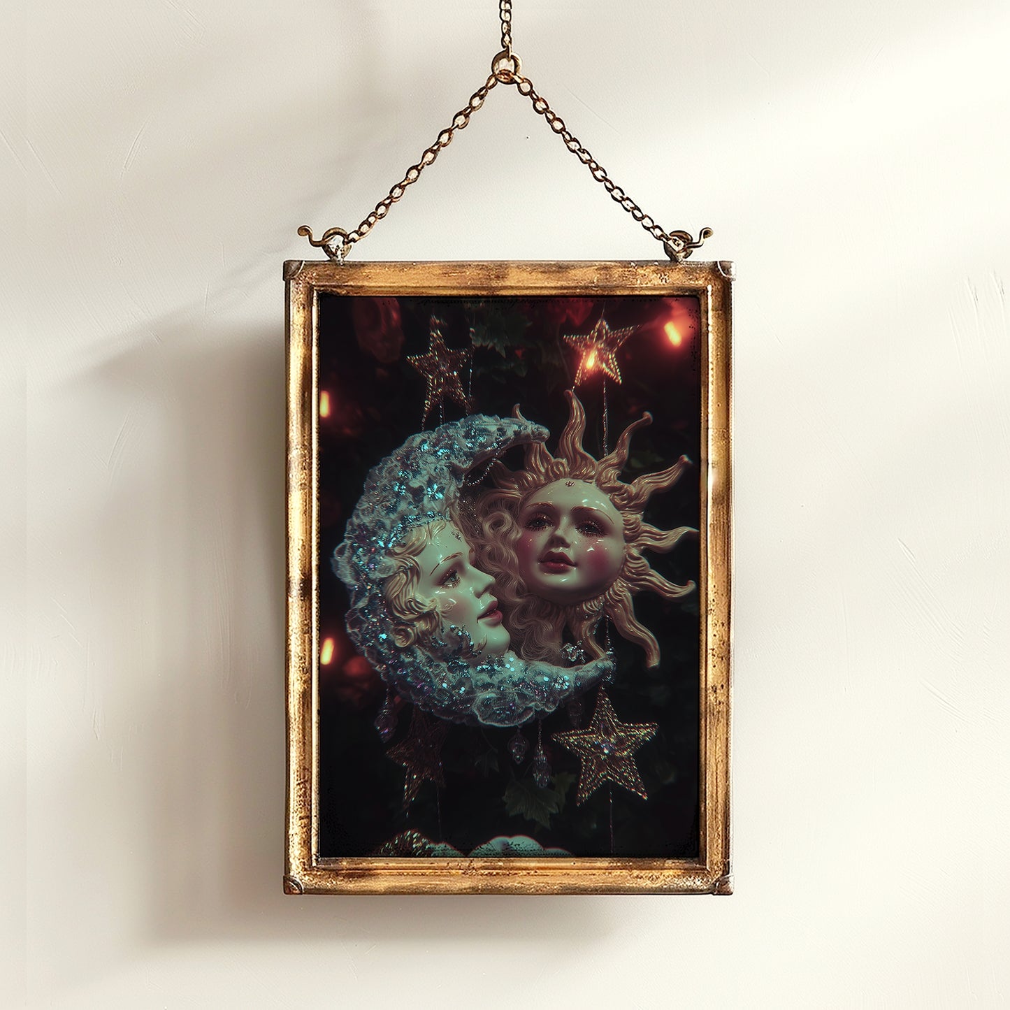 Whimsical Sun & Moon Art Print, Vintage Dreamcore Night Sky Wall Decor, Cottagecore Celestial Poster, Mystical Whimsigoth Decor Artwork