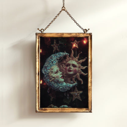 Whimsical Sun & Moon Art Print, Vintage Dreamcore Night Sky Wall Decor, Cottagecore Celestial Poster, Mystical Whimsigoth Decor Artwork