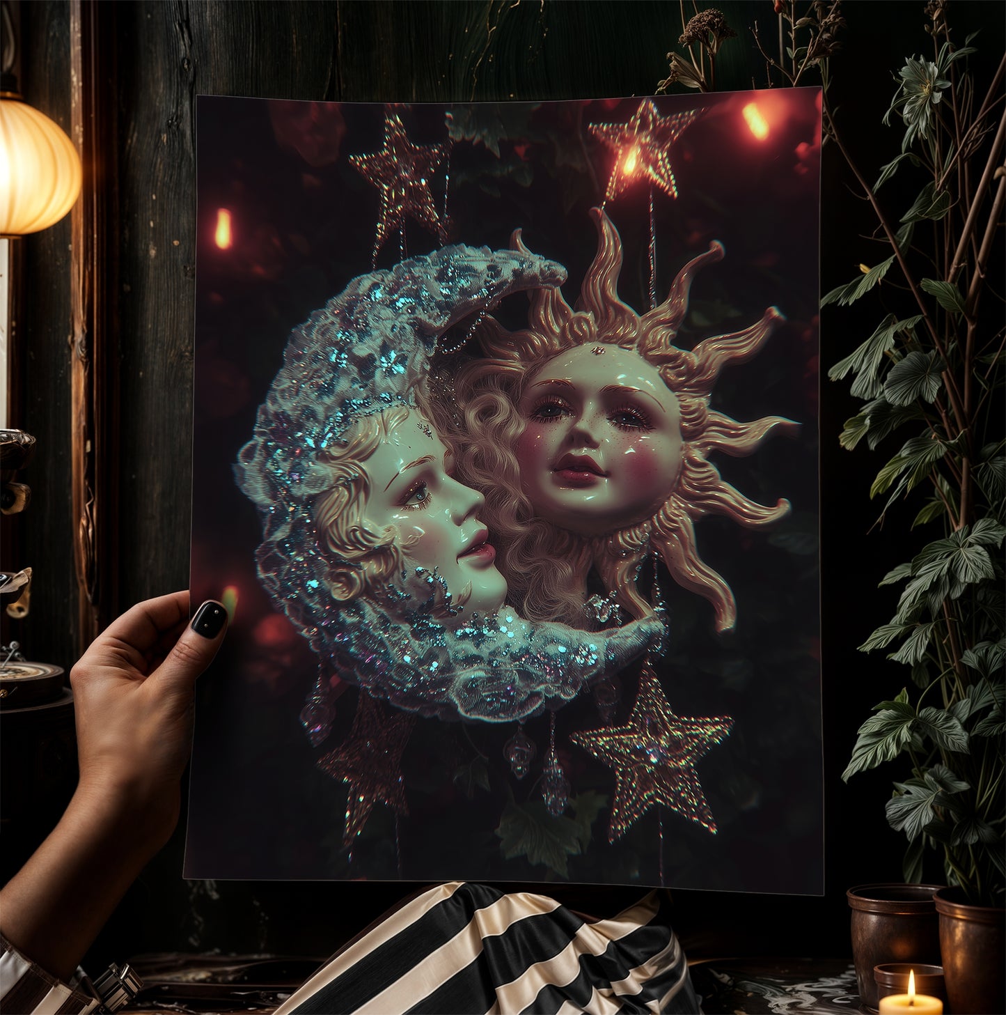 Whimsical Sun & Moon Art Print, Vintage Dreamcore Night Sky Wall Decor, Cottagecore Celestial Poster, Mystical Whimsigoth Decor Artwork