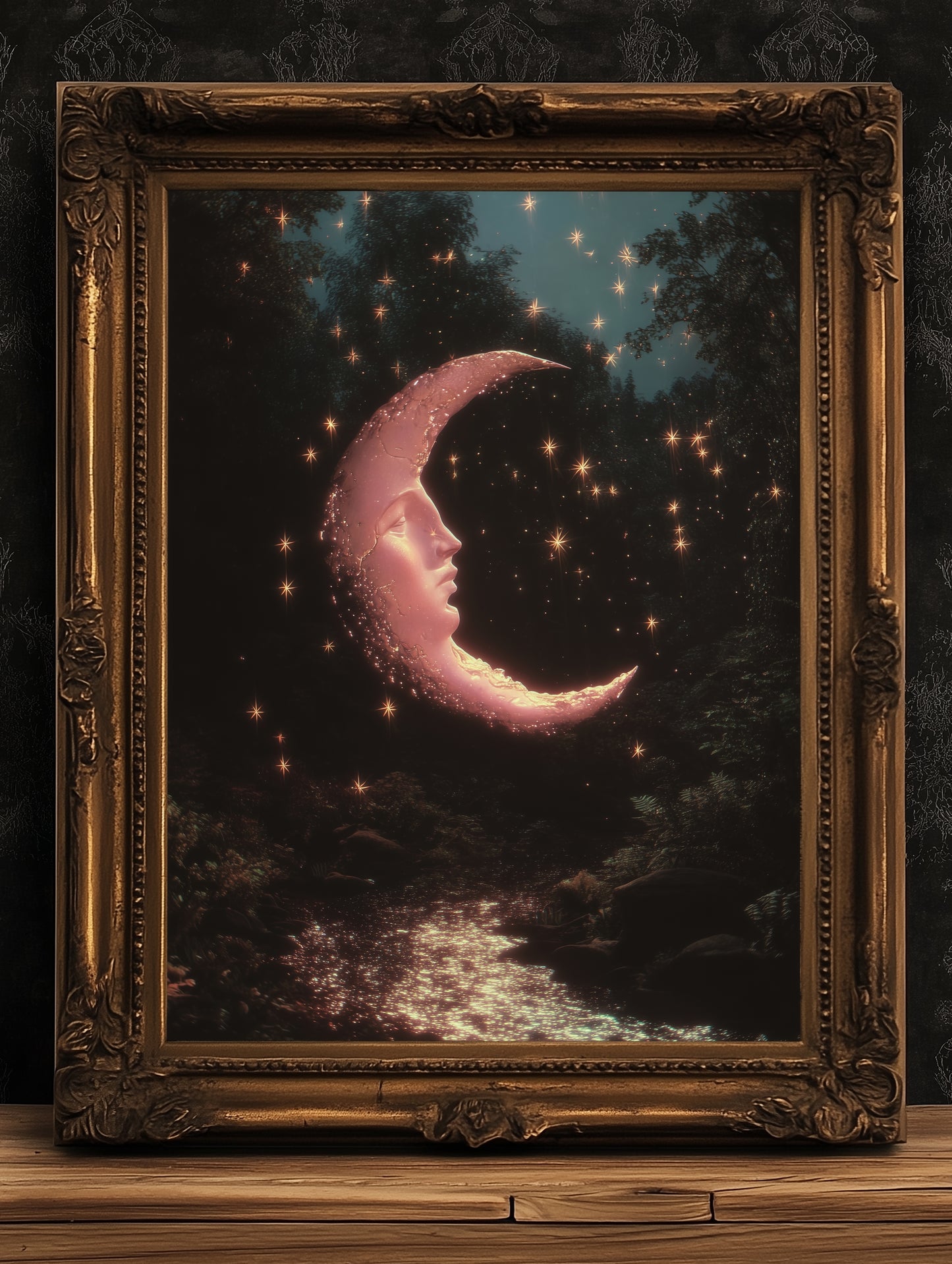 Crescent Moon Face Art Print, Whimsical Dreamcore Night Sky Wall Decor, Cottagecore Celestial Poster, Mystical Moon Artwork