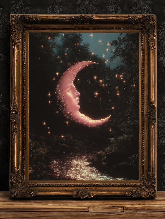 Crescent Moon Face Art Print, Whimsical Dreamcore Night Sky Wall Decor, Cottagecore Celestial Poster, Mystical Moon Artwork