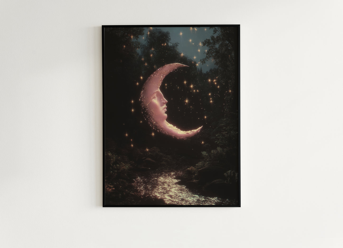 Crescent Moon Face Art Print, Whimsical Dreamcore Night Sky Wall Decor, Cottagecore Celestial Poster, Mystical Moon Artwork