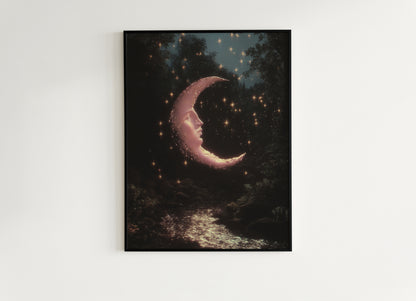 Crescent Moon Face Art Print, Whimsical Dreamcore Night Sky Wall Decor, Cottagecore Celestial Poster, Mystical Moon Artwork