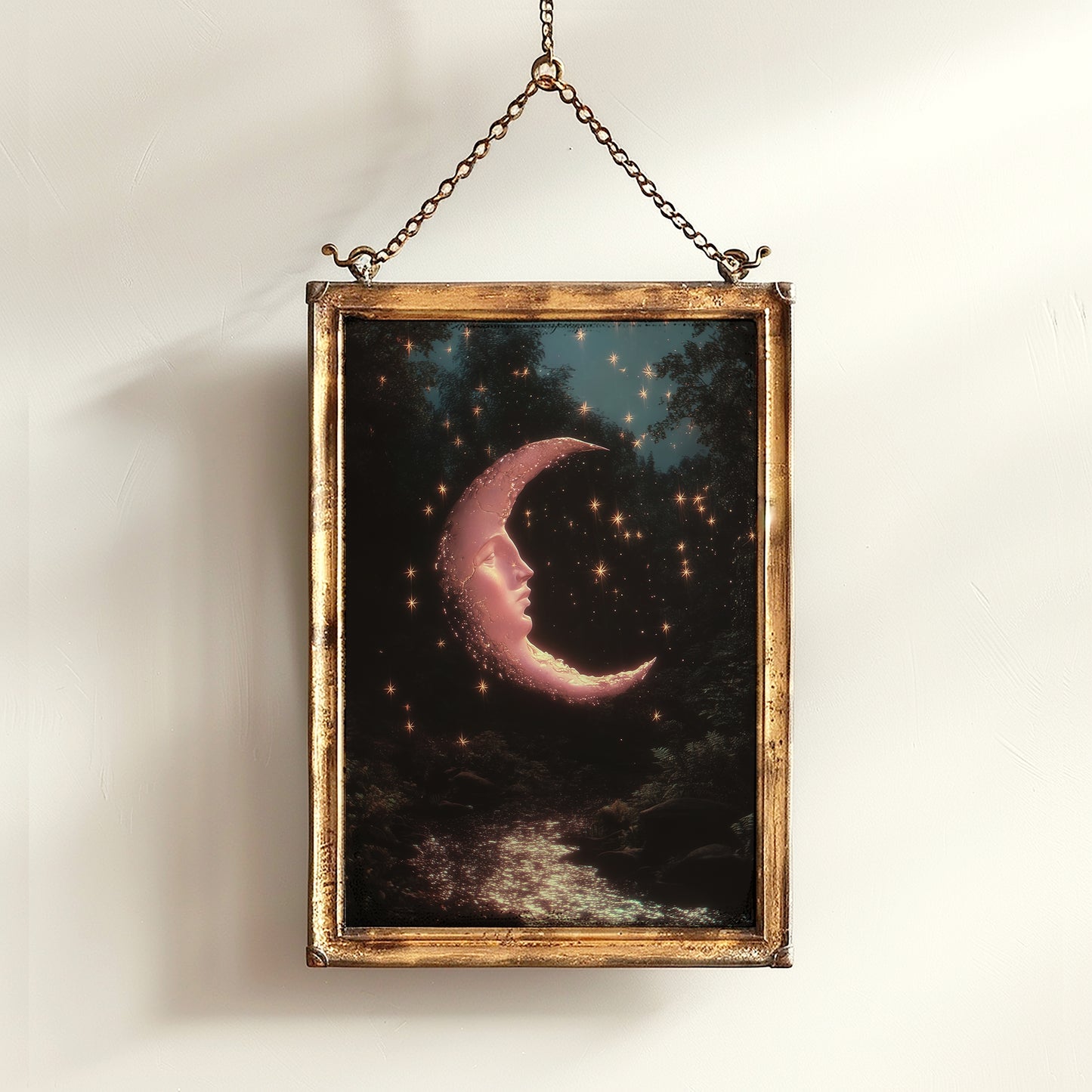 Crescent Moon Face Art Print, Whimsical Dreamcore Night Sky Wall Decor, Cottagecore Celestial Poster, Mystical Moon Artwork