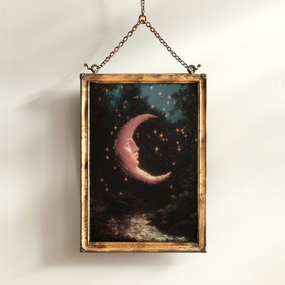 Crescent Moon Face Art Print, Whimsical Dreamcore Night Sky Wall Decor, Cottagecore Celestial Poster, Mystical Moon Artwork