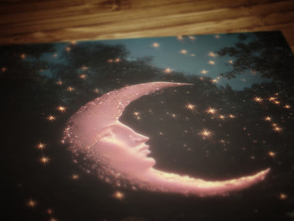 Crescent Moon Face Art Print, Whimsical Dreamcore Night Sky Wall Decor, Cottagecore Celestial Poster, Mystical Moon Artwork