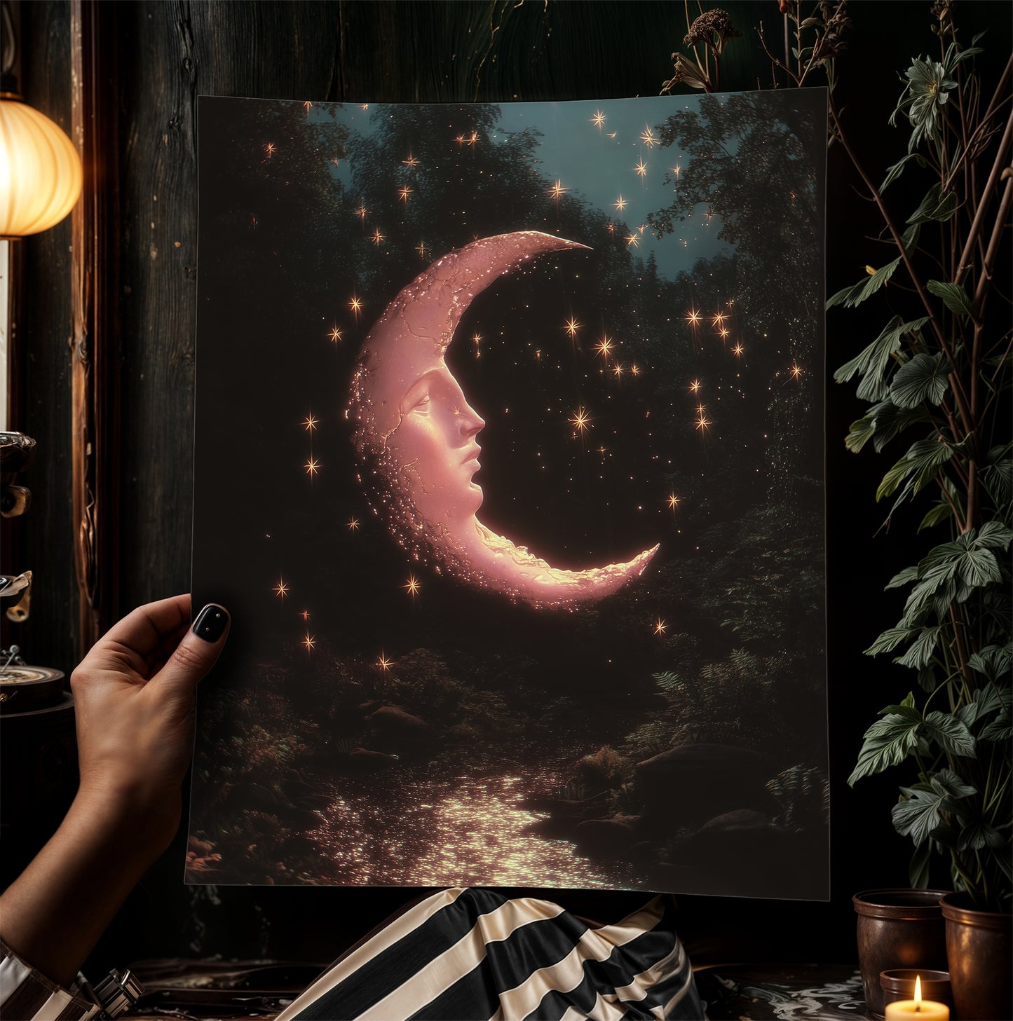 Crescent Moon Face Art Print, Whimsical Dreamcore Night Sky Wall Decor, Cottagecore Celestial Poster, Mystical Moon Artwork