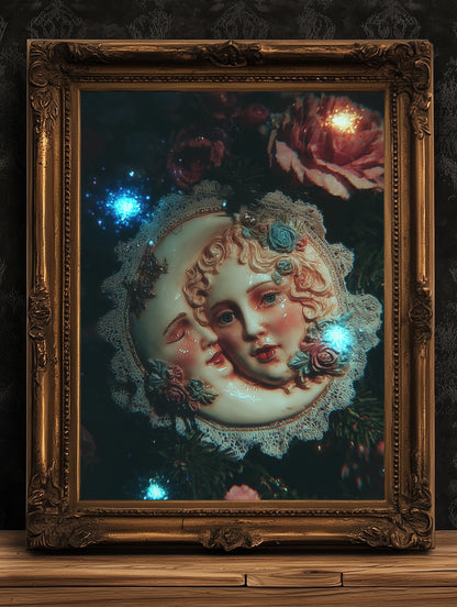 Whimsical Sun And Crescent Moon Print, 90s Whimsigoth Decor, Celestial Magical Home Decor, Sun Moon Poster, Cosy Witchy Print