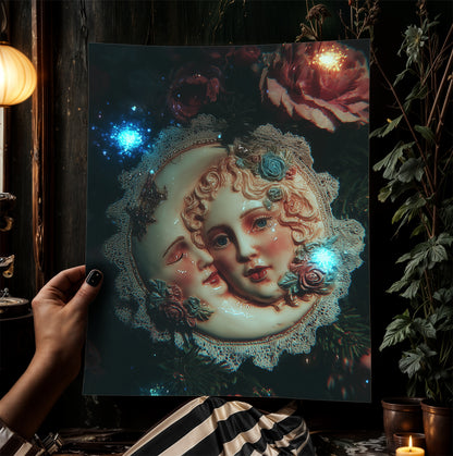 Whimsical Sun And Crescent Moon Print, 90s Whimsigoth Decor, Celestial Magical Home Decor, Sun Moon Poster, Cosy Witchy Print