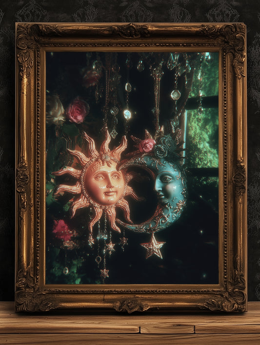 Whimsical Sun And Moon Print, 90s Whimsigoth Decor, Celestial Magical Home Decor, Sun Moon Poster, Cosy Witchy Print