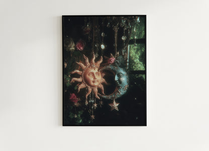 Whimsical Sun And Moon Print, 90s Whimsigoth Decor, Celestial Magical Home Decor, Sun Moon Poster, Cosy Witchy Print