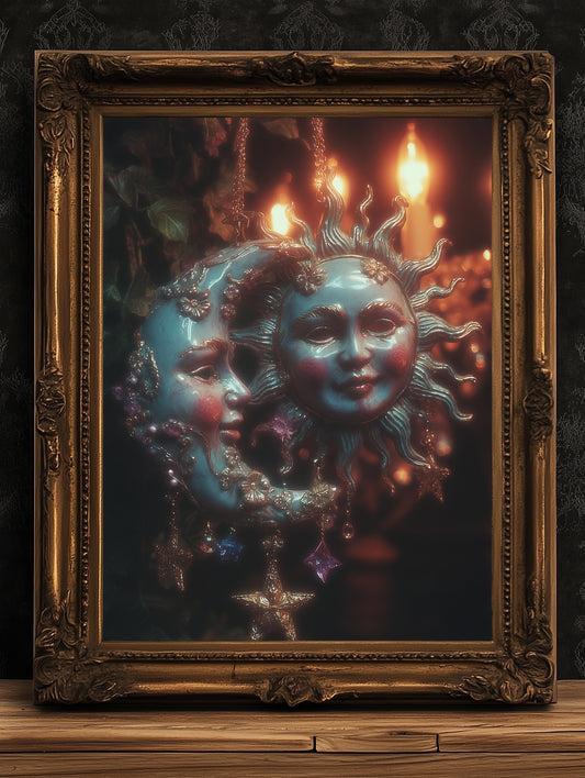 Dark Whimsical Sun And Moon Print, 90s Whimsigoth Decor, Celestial Magical Home Decor, Sun Moon Poster, Cosy Witchy Print