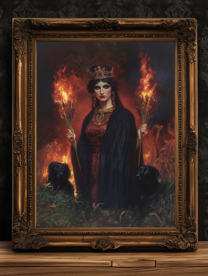 Hecate Greek Mythology Poster, Triple Moon Greek Goddess Print, Whimsigoth Decor Hekate Goddess Wall art, Witchy Dark Academia Print