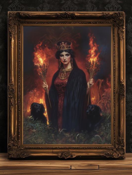 Hecate Greek Mythology Poster, Triple Moon Greek Goddess Print, Whimsigoth Decor Hekate Goddess Wall art, Witchy Dark Academia Print