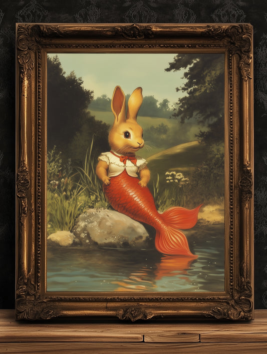 Bunny Mermaid Wall Art, Childrens Book Poster, Bunny Lovers Gift, Vintage Mythical Rabbit Print, Whimsical Mermaid Fantasy Home Decor