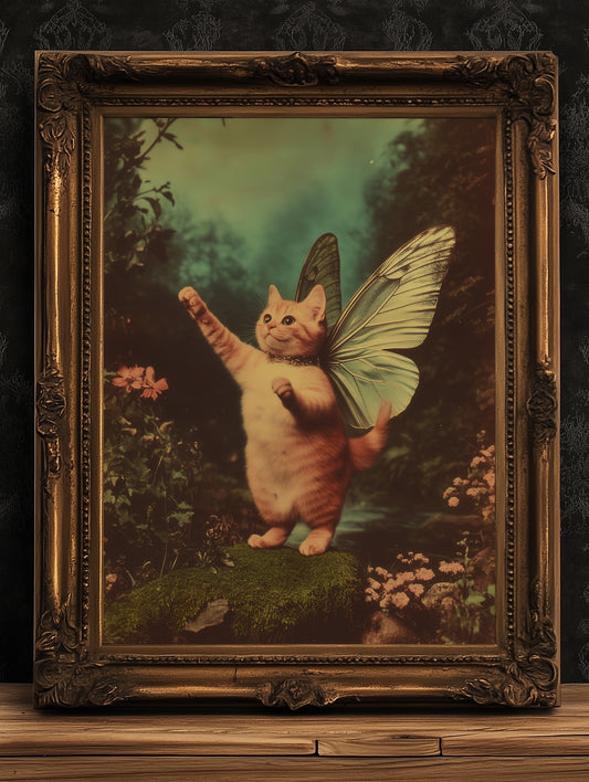 Whimsical Catterfly Wall Art Print, Vintage Orange Cat Butterfly Poster, Whimsigoth Decor, Funny Quirky Wall Decor, Cat Lovers Gift