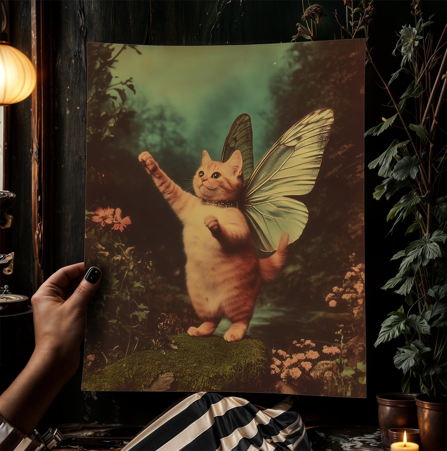 Whimsical Catterfly Wall Art Print, Vintage Orange Cat Butterfly Poster, Whimsigoth Decor, Funny Quirky Wall Decor, Cat Lovers Gift